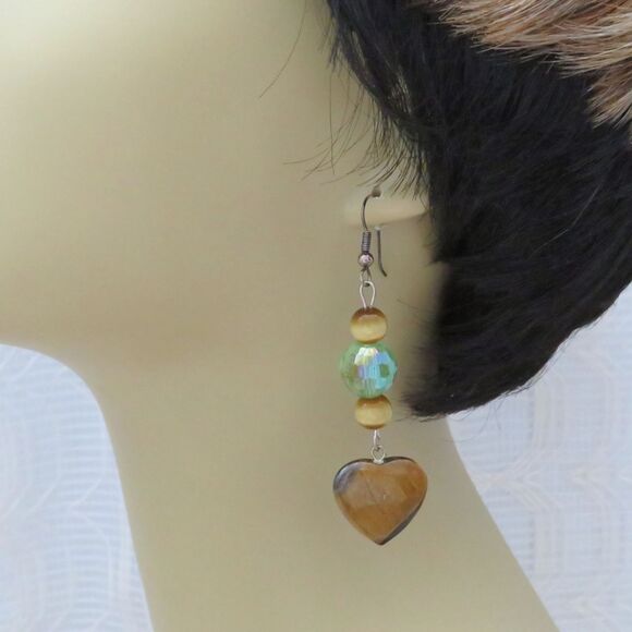 Tiger Eye Heart Dangle Earrings w/ Green Crystal Bead, Business and Boho Jewelry - Picture 3 of 7